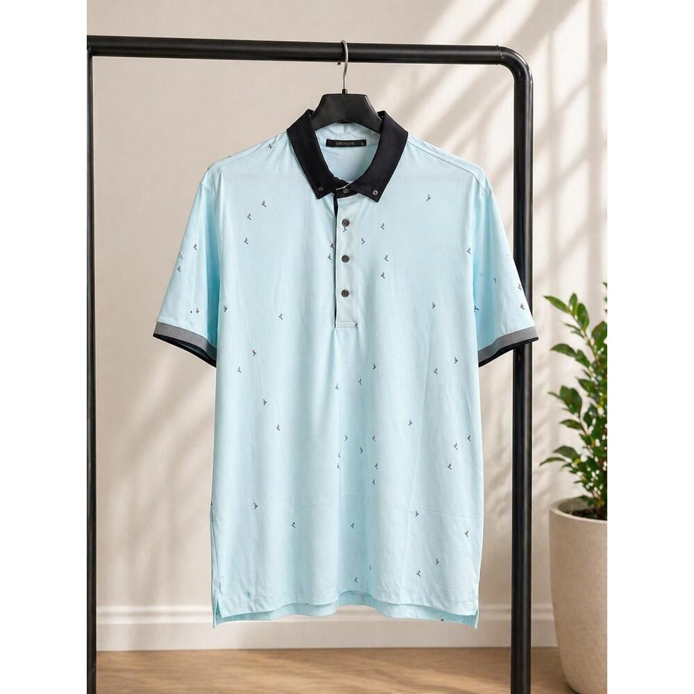 Greyson Polo Shirt Men’s L Light Blue Skier Print Performance Stretch Golf NWOT